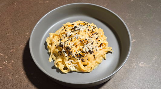 photo of miso buttered noodles with Bravado Spice Aka Miso Hot Sauce