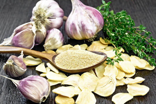 A wooden spoon filled with garlic powder surrounded by fresh cloves, garlic bulbs, dried slices, and fresh thyme.