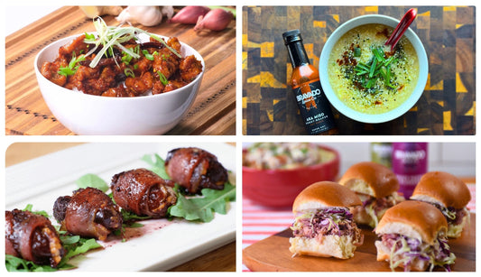 A collage of Bravado Spice ghost pepper recipes: Tso’s chicken, Egg drop soup, devils on horseback, and pulled pork.