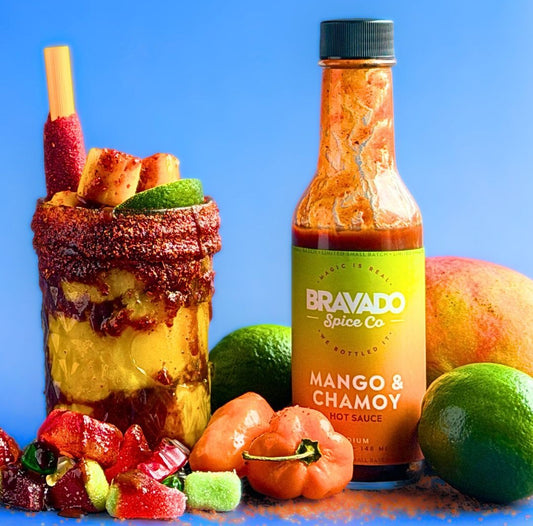 Bravado Spice Co Mango & Chamoy hot sauce with fresh mangoes, chilies, habanero peppers, and lime.