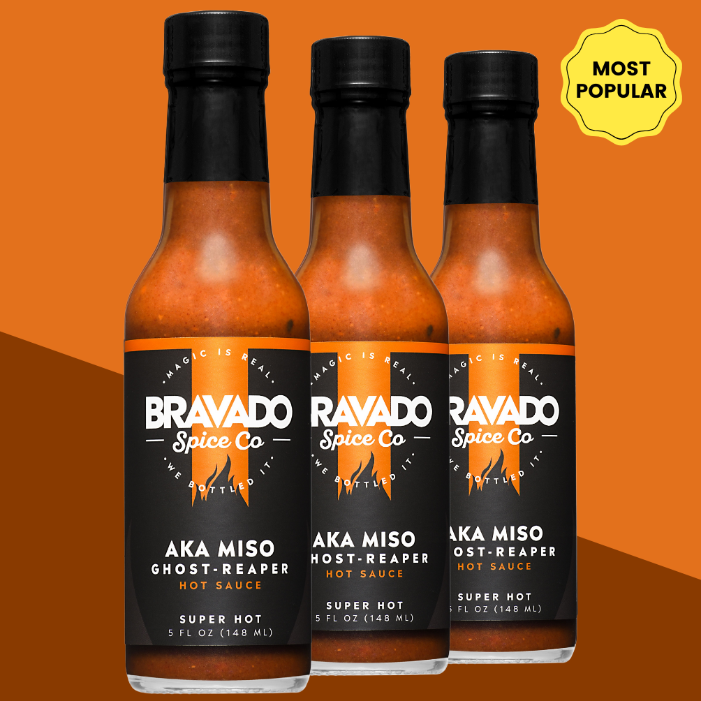Bravado Spice Co Aka Miso Ghost-Reaper Hot Sauce labeled "Most Popular" and "Super Hot" - extreme heat miso hot sauce with ghost pepper.