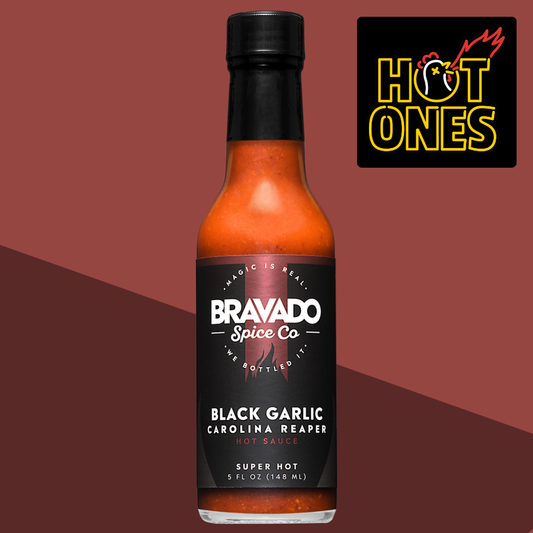 Bravado Spice Co Black Garlic Carolina Reaper Hot Sauce labeled "Super Hot" featured on "Hot Ones" - extreme heat Carolina Reaper sauce.