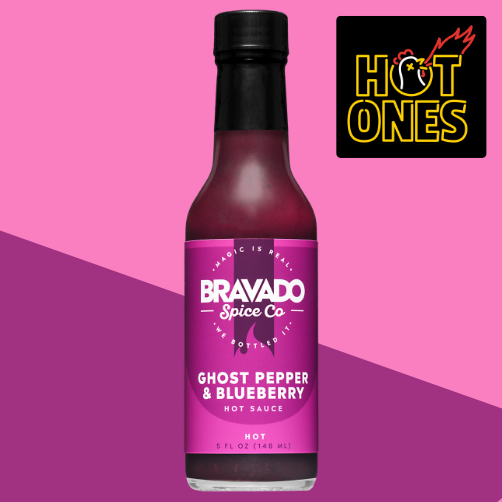Bravado Spice Co Ghost Pepper & Blueberry Hot Sauce featured on "Hot Ones" labeled "Hot" - blueberry ghost pepper hot sauce in 5 oz bottle.